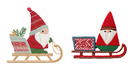 Embroidered Christmas craft featuring two festive gnome figures on decorative sled with cozy folk patterns and joyful holiday charm