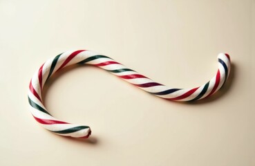 Candy cane curved with red white and green stripes on light soft background