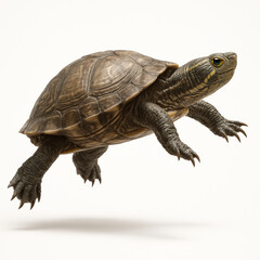 Naklejka premium Jumping turtle with detailed shell and claws isolated on white background, showing dynamic motion and natural texture in mid air