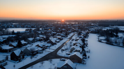 Aerial view of a snow-covered neighborhood at sunrise, showcasing the beauty of winter, peaceful residences, and the quiet charm of a snowy landscape at dawn.
