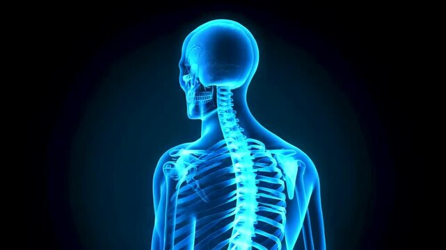 Detailed human skeleton shown in glowing blue X-ray style highlighting spine and upper body bones against a dark medical background