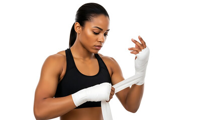A Female boxer wraps hand with bandages. The athlete prepares for a boxing match or training session. She demonstrates focus, strength, and determination