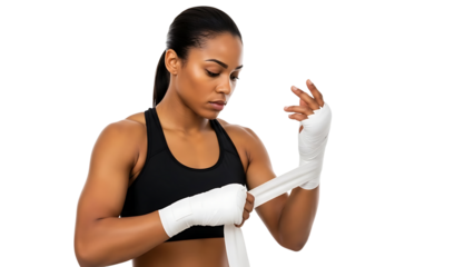 A Female boxer wraps hand with bandages. The athlete prepares for a boxing match or training session. She demonstrates focus, strength, and determination 