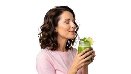 Woman enjoying a healthy green smoothie, with a relaxed expression on her face 