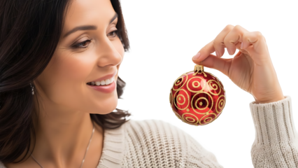 A woman admires the intricate details of a Christmas ornament, evoking a sense of joy and the festive season