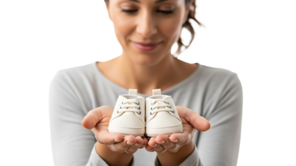 A mother gently cradling baby shoes, symbolizing anticipation and love for her unborn child. She is looking at the baby shoes with anticipation and a smile