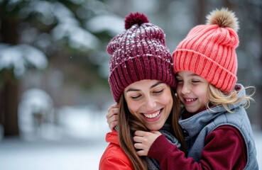 Fototapeta premium Woman and child embracing in snowy forest while wearing warm knit hats
