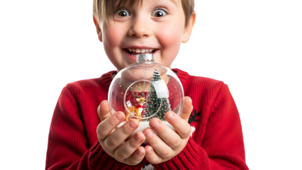 A joyful child holding a holiday snow globe with a festive design and with a look of pure glee and excitement. Captures the spirit of Christmas, the magic of the season