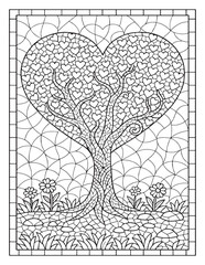 Heart shaped tree mosaic design with flowers and grass border