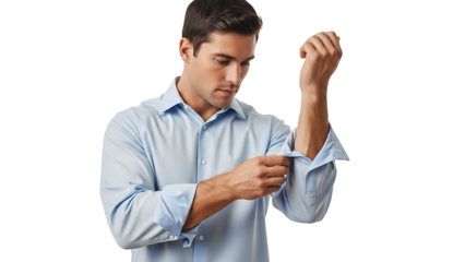 A man carefully rolling up his sleeves, a symbol of preparedness and getting ready to work. This picture shows the man in a blue shirt, displaying professional look