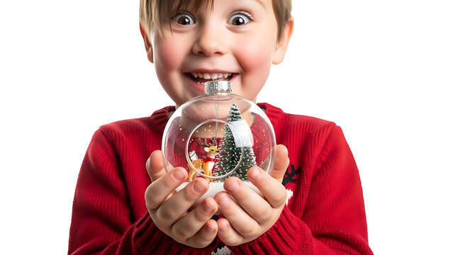 A joyful child holding a holiday snow globe with a festive design and with a look of pure glee and excitement. Captures the spirit of Christmas, the magic of the season - Powered by Adobe