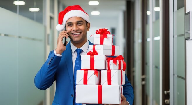 Happy Businessman in Santa Hat with Christmas Gifts and Phone - Powered by Adobe