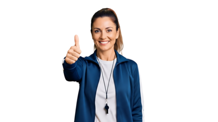 A person wearing sportswear is making a thumbs-up gesture and smiling. She also has a whistle around her neck