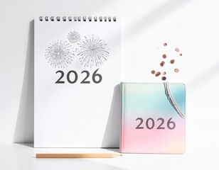 Happy new year 2026 calendar and notepad with fireworks illustration and pencil