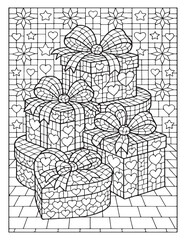 Intricate heart patterned gift boxes with bows for coloring