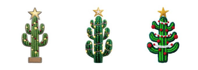 Festive cactus craft embroidery with Christmas lights and star topper creating cheerful holiday decor and cozy handmade texture