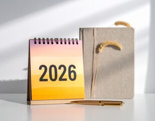 Calendar showing the year 2026 with a notebook and pen, symbolizing planning and future events