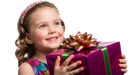 A lovely young girl holding a wrapped gift with a joyful expression. The gift is beautifully wrapped with a big bow