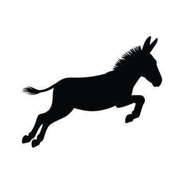 A black silhouette of a donkey leaping through the air on a white background