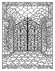 Ornate wrought iron gate with heart designs surrounded by roses and brick wall