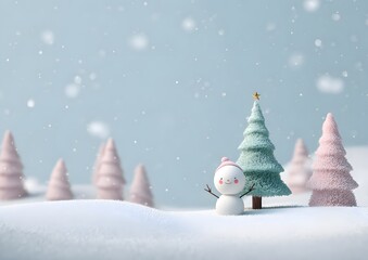 Obraz premium Airy 3D pastel winter scene with tiny Christmas tree and smiling snowman arms raised, gentle snowfall, blank central space