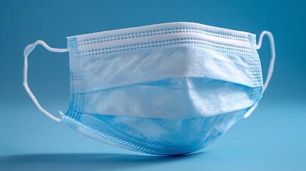 Elegant photo of Single blue medical face mask on a solid blue background, concept for protection against viruses and diseases.