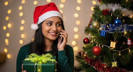 Smiling woman in Santa hat talking on phone with Christmas gift