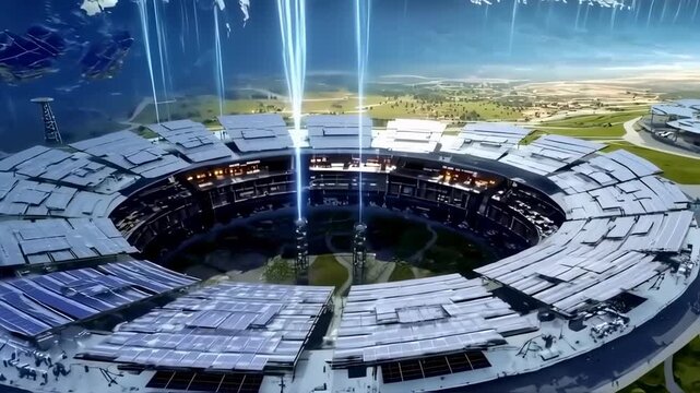 Futuristic city with ring-shaped buildings and energy beams, against a sky with floating landmasses