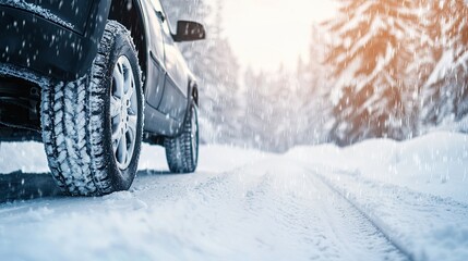 A car is parked on a snow-covered road, surrounded by trees. Snow falls gently, illuminated by warm sunlight in the distance