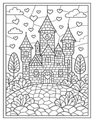 Whimsical castle coloring page with hearts and trees for kids