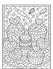 Sweet valentine baking dessert treats line art mosaic coloring page for fun