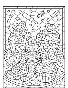 Sweet valentine baking dessert treats line art mosaic coloring page for fun
