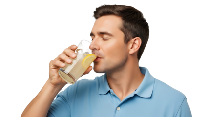 Man savoring a refreshing drink, eyes closed in delight