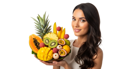 A woman showcasing a vibrant assortment of fresh fruits. She's holding a beautiful bowl filled with a variety of colorful fruits while smiling at the camera