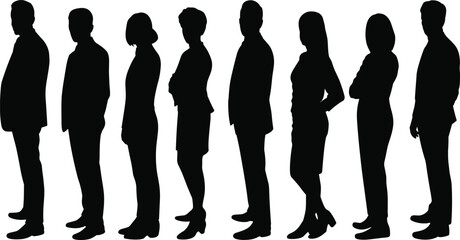 Silhouette group, diverse people, standing line, business attire, formal wear, mixed gender, teamwork, unity, diversity, vector illustration