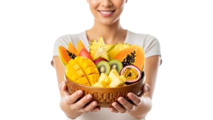 A smiling person holding a bowl of fresh, colorful fruit, perfect for promoting a healthy diet