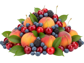 Isolated summer fruit abundance still life with peaches, cherries, blueberries and blackberries
