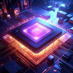High-tech CPU glows on circuit board