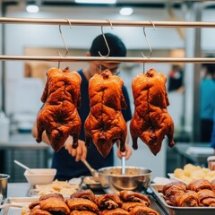 Three perfectly roasted golden-brown ducks hanging on hooks in a vibrant asian kitchen, with a chef busy preparing more delicious food and various side dishes.