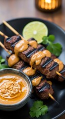 Grilled beef satay skewers with creamy peanut sauce, fresh , and cilantro garnish on a dark plate, ready to serve