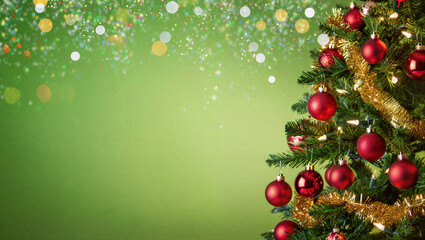 Festive christmas tree with red baubles and sparkling green background. isolated on transparent background, isolated on white background, Vector, illustration