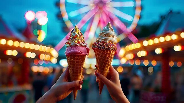A vibrant, colorful, and whimsical scene featuring two hands holding ice cream cones against a backdrop of a lively amusement park. The foreground is dominated by a hand holding a waffle cone.