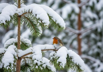 Robin perched on snowy pine tree branch winter forest background.