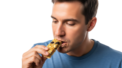 A man eating a healthy snack, focused on enjoying a protein bar. A close-up shot of the person with an action of enjoying the bar.