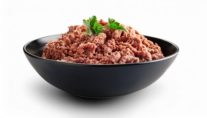 Cooked Minced Meat In Black Bowl Isolated On White Background Ground Beef Or Spicy Pork Filling For Tacos Pasta And Homemade Dishes
