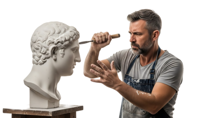 An artist meticulously sculpts a classical bust with a chisel, focused on his craft