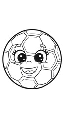 Happy cartoon soccer ball coloring page with smiling face and eyelashes, black and white art for kids, isolated on white
