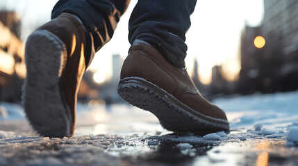 A pair of leather boots navigate a city street after a fresh snowfall, capturing the urban winter scene. The sunlight glows, reflecting on the icy ground below.