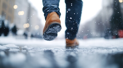 A person wearing brown boots walking on a snowy street. The ground is covered in snow and ice, and snowflakes are falling. The background is blurred, creating a sense of movement and atmosphere.