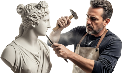 Artist carefully sculpts a stone statue with a hammer and chisel. The artist's focused expression shows passion and skill
